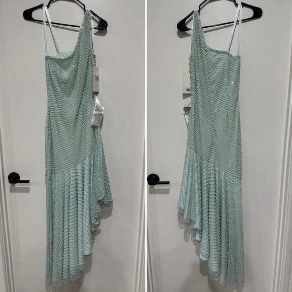 Mac Duggal Seafoam One Shoulder Pearl Embellished Asymmetric Dress - Size 4 - Picture 4 of 4